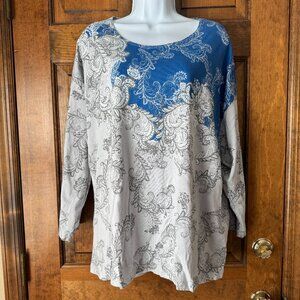Weekends by Chico's Gray w/Blue & Dark Gray Paisley Tunic Pullover Size 3